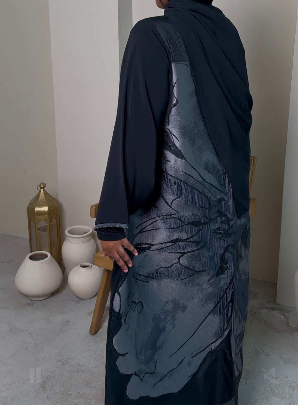 Grey Flower Back Abaya