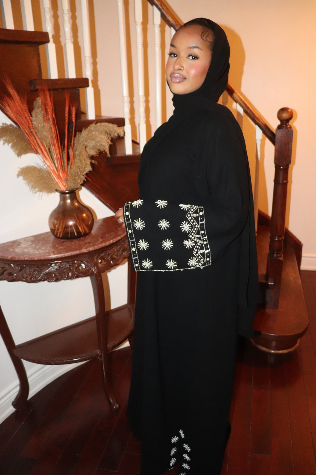Pearl Embroidered Linen Abaya